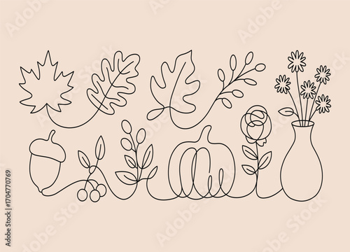 One Line Art of Autumnal Elements Featuring Pumpkin Leaves Acorn Rose and Wildflowers in Vase on Beige Background