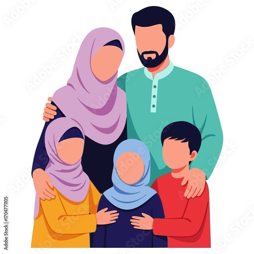 Faceless Muslim Family Portrait with Hijabs and Traditional Clothing Illustration.