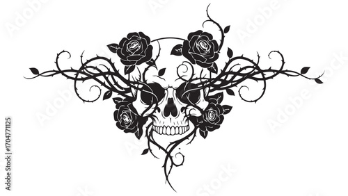 Black and White Skull with Thorny Roses and Vines Illustration