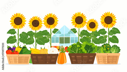 Illustration of a vibrant garden scene, showcasing sunflowers, vegetables, and a greenhouse.