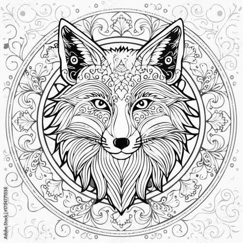 Black and white fox Coloring Page Art Design, Illustration
