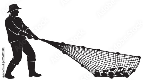 Black and White Silhouette of a Fisherman Pulling a Net Full of Fish