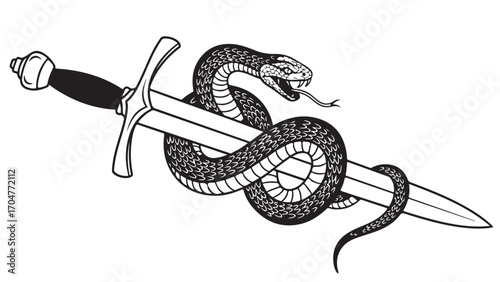 Aggressive Serpent Coiled Around a Sword Illustration