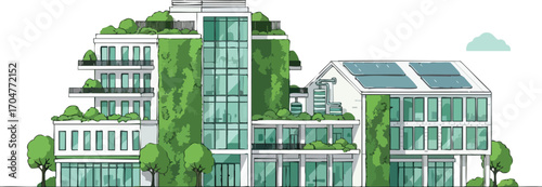 Green Building with Solar Panels and Vertical Garden Sustainable Architecture