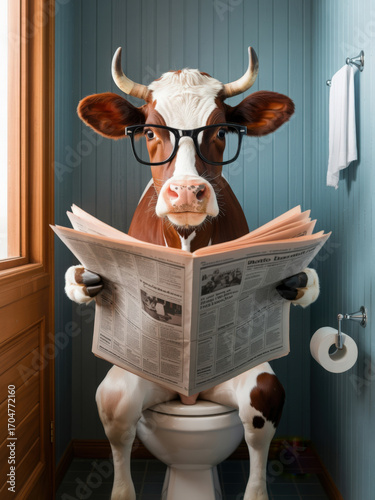Cow Reading Newspaper on Toilet with Glasses