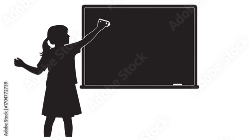 Black Silhouette of a Young Girl Erasing a Classroom Blackboard