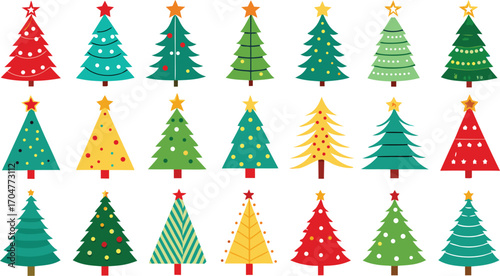 Christmas trees set isolated on transparent background. Colorful winter trees bundle for holiday xmas and new year. Vector illustration