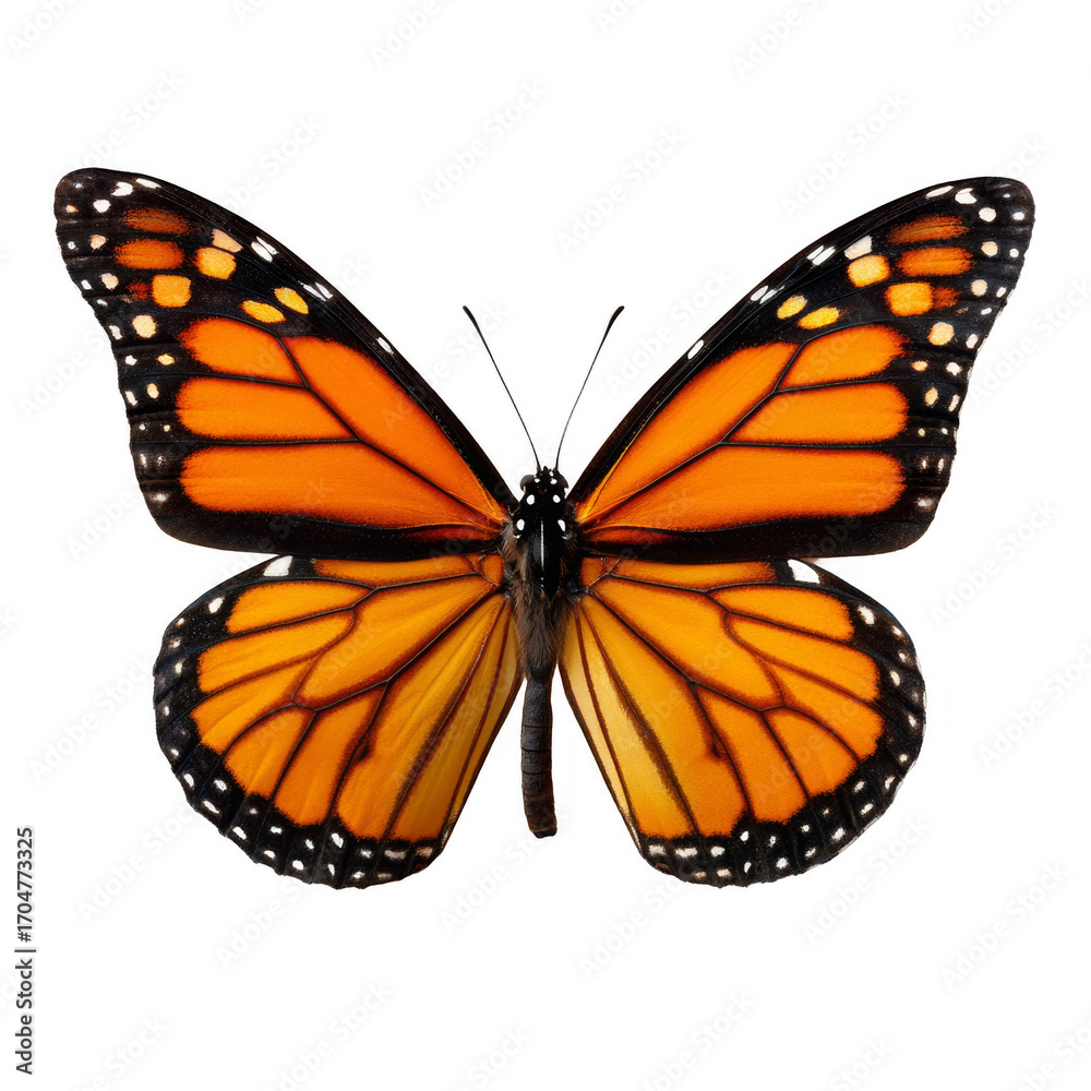 Fototapeta premium A close-up of a monarch butterfly displaying its vibrant orange and black patterned wings, showcasing its delicate wing structure.