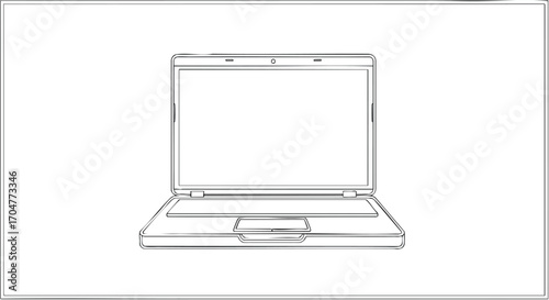 Open Laptop Line Drawing on White Background