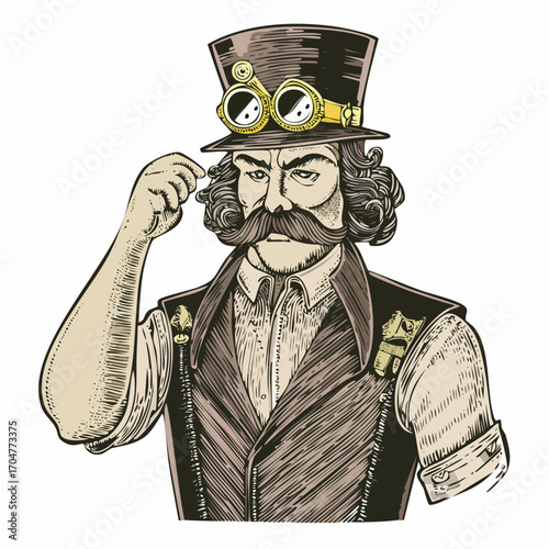 steampunk inventor mechanical energy vector illustration for tech and innovation branding