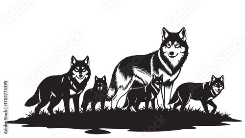 Black and White Illustration of a Wolf Pack with Pups in Nature