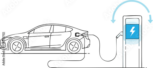 A line art illustration of a modern electric car plugged into a charging station to refuel its battery.