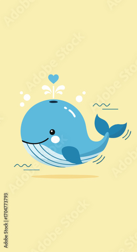 Cute cartoon blue whale spouting water with a heart on a light yellow background, featuring a friendly expression.