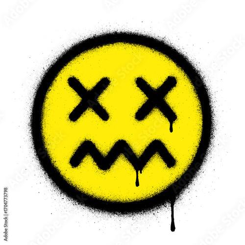 emoji, icon, smiley with spray paint art (X eyes and zigzag mouth)