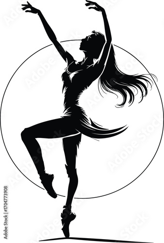 Ballerina silhouette vector, elegant dance pose, en pointe ballet dancer, graceful female figure, circular frame composition, black and white illustration, motion art