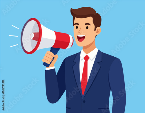 Charismatic male speaker in a suit amplifies his message with a megaphone, symbolizing powerful communication and public announcements
