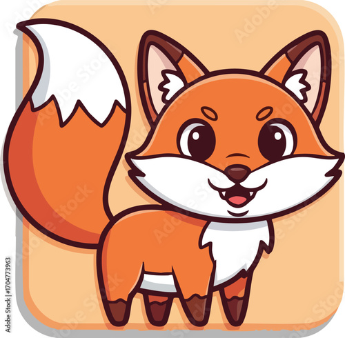 A cute and cheerful cartoon fox character with a large bushy tail, smiling happily in a simple vector illustration style.