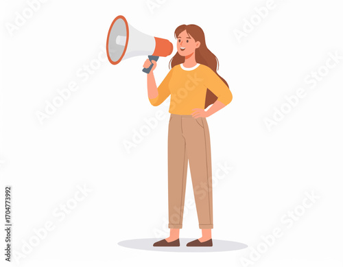Confident woman using a megaphone to broadcast an important message, symbolizing empowerment and communication