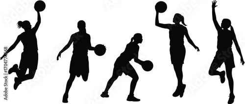 Silhouette of Female Basketball Players Jumping, Dribbling, and Shooting Ball in Action Poses Isolated on White Background Vector Set