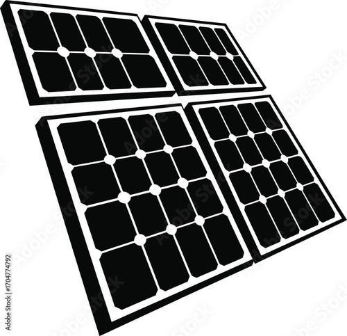 A black and white vector illustration of four solar panels tilted to capture sunlight for renewable energy.