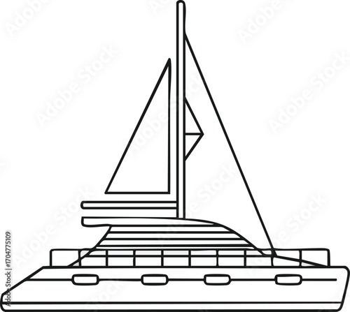 Black and white illustration of a catamaran sailboat with sails and a mast.