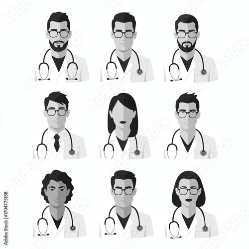 Grayscale flat design icons of diverse medical staff including male and female doctors with stethoscopes.
