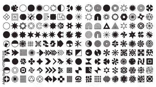 A set of graphic elements. Abstract geometric figures. Decorative minimalistic brutalist forms