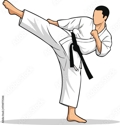 Karate practitioner executing a high kick, showcasing martial arts expertise and athleticism in a white uniform.