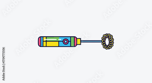 A colorful hand mixer with a spiral whisk attachment.