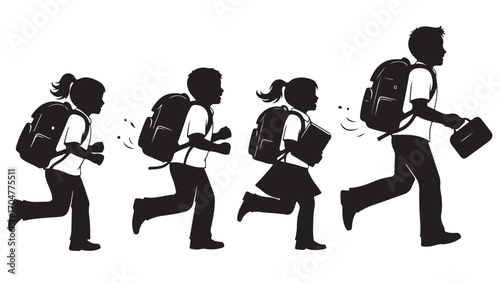 Silhouettes of School Children Running with Backpacks