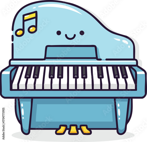 A charming cartoon blue grand piano with a happy face and musical notes, featuring black and white keys and golden pedals.