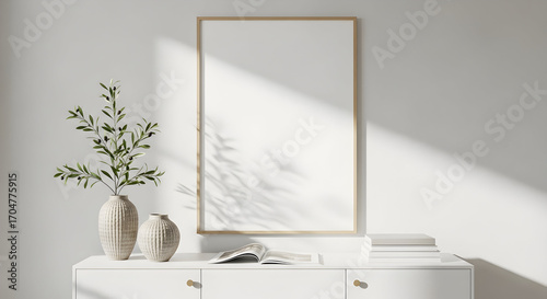 Modern minimalist home decor mockup with olive branch in vase and blank frame for artwork or poster