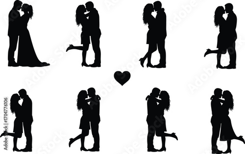 Romantic couple silhouettes, kissing poses, heart symbol, love embrace, wedding moment, Valentine vector, relationship illustration, emotional connection, passion, affection, romance design