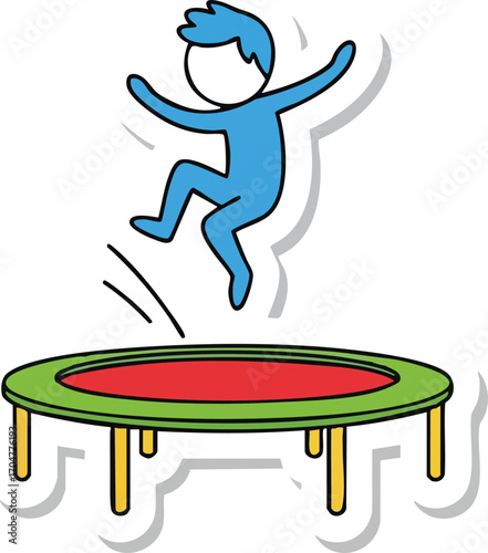 A stylized blue figure joyfully jumping high on a red and green trampoline with yellow legs.
