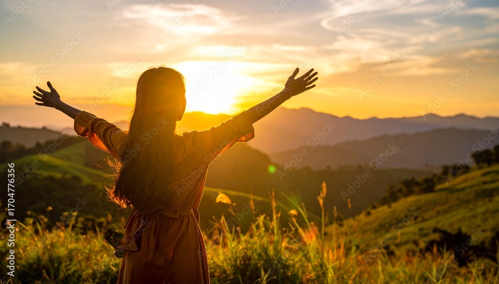 Fototapeta premium Glorious Autumn Sunset with a Woman’s Silhouette Joyously Thanking God in Lush Meadow