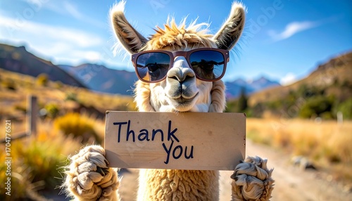 A playful llama wearing sunglasses holds a thank you sign, showcasing a charming interaction between animals and human gratitude.