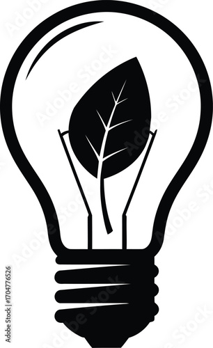 Black and white illustration of an energy-efficient light bulb with a leaf inside, symbolizing sustainable energy.