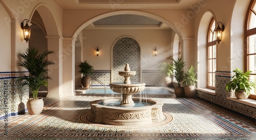 Ornate water fountain in a sunlit room with arched windows potted plants and patterned tiles