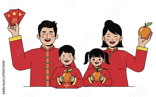 Joyful Chinese Family Celebrating Lunar New Year with Oranges and Red Envelopes.