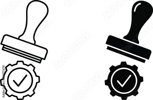 Official approval stamp on a gear mechanism signifying successful process completion.
