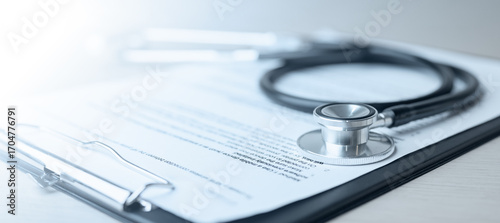 Quadro su tela Stethoscope on medical document symbolizing health insurance, diagnosis, and patient care