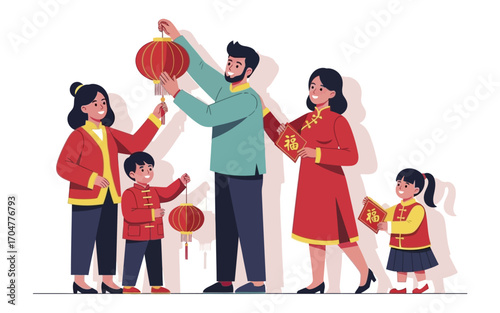 Happy Chinese Family Celebrating Lunar New Year with Lanterns and Red Envelopes.