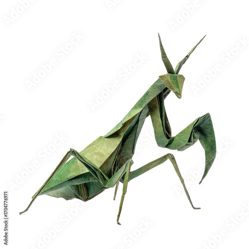 Origami praying mantis, intricate folds,  green tones