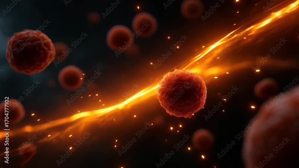 Red blood cell close up glowing light streak microscopic blood cell view dark background medical science biology health particle effect circulation anatomy cell structure energy visualization
