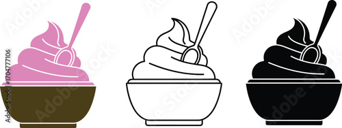 Sweet frozen treat with spoon in a bowl, presented in colorful, outline, and silhouette styles