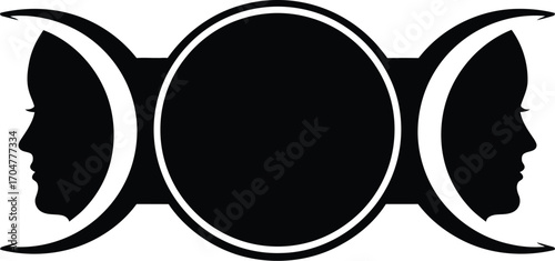 Symbol of feminine duality and celestial cycles with crescent moons and profile silhouettes