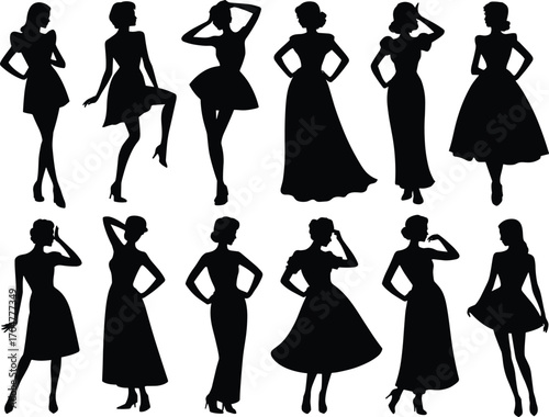 Stylish female silhouettes in elegant dresses, fashion poses, black vector art, evening gowns, cocktail outfits, beauty concept, chic illustration, isolated design, glamour