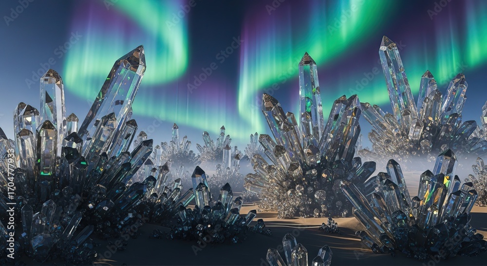 Obraz premium Stunning crystal formations shimmer under vibrant aurora borealis sky, a magical natural wonder