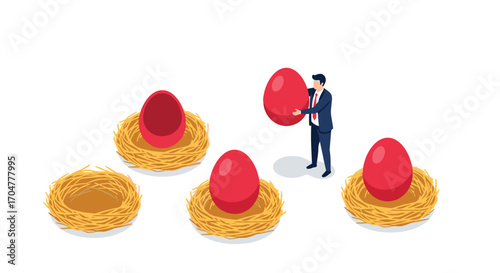 A businessman carefully places a large red egg into a nest.