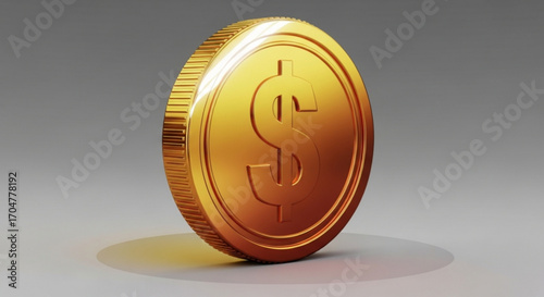 Closeup of a shiny gold coin with a dollar sign on a gray background, symbolizing wealth and financial success